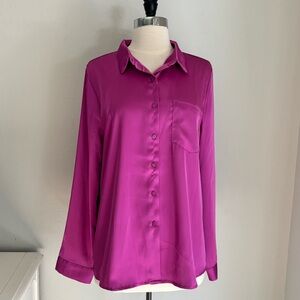 Skies Are Blue Fuschia Satin Long Sleeve Collared Blouse, Large Jewel Tones